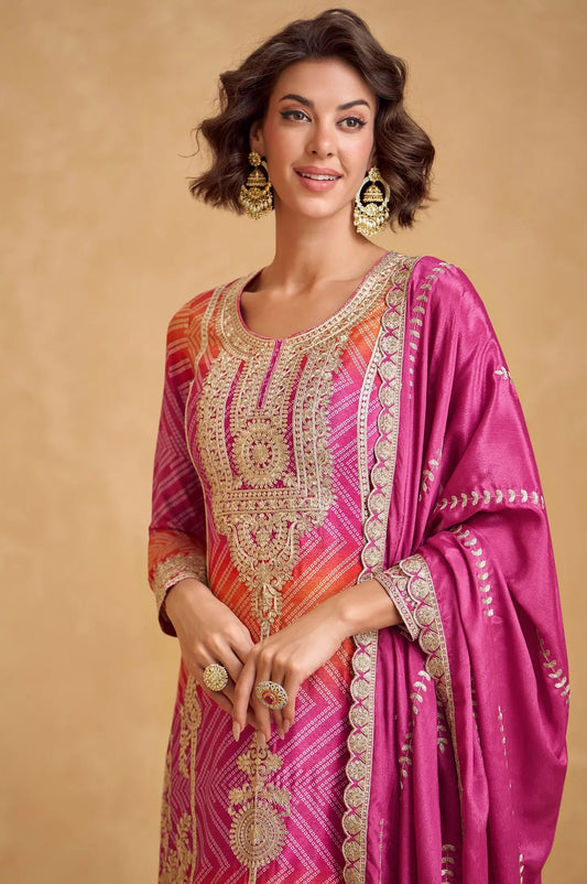 Pink Chinon Silk Printed & Embroidery Work Palazzo set