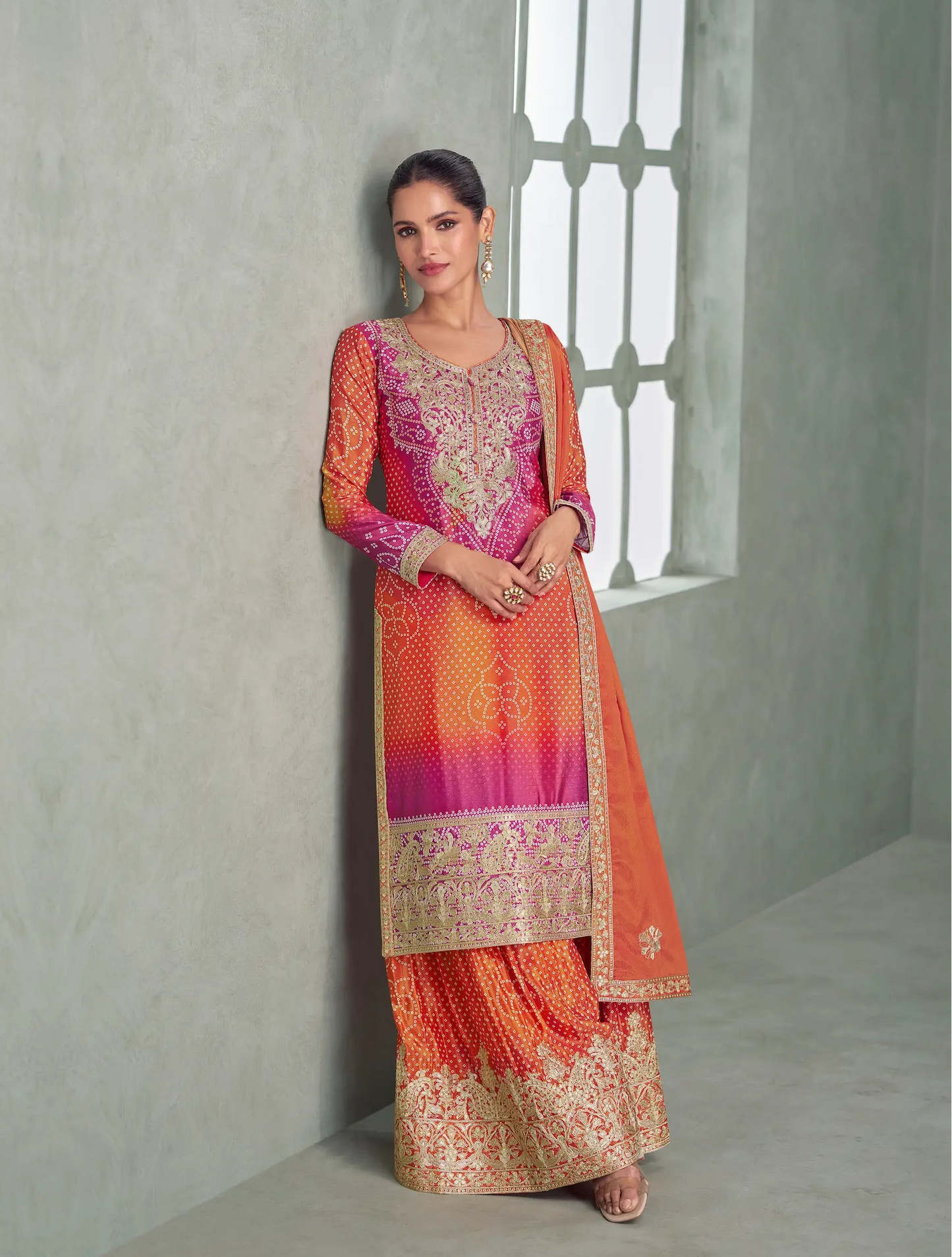 Sunrise Orange Chinon Silk Embroidery Palazzo Suit