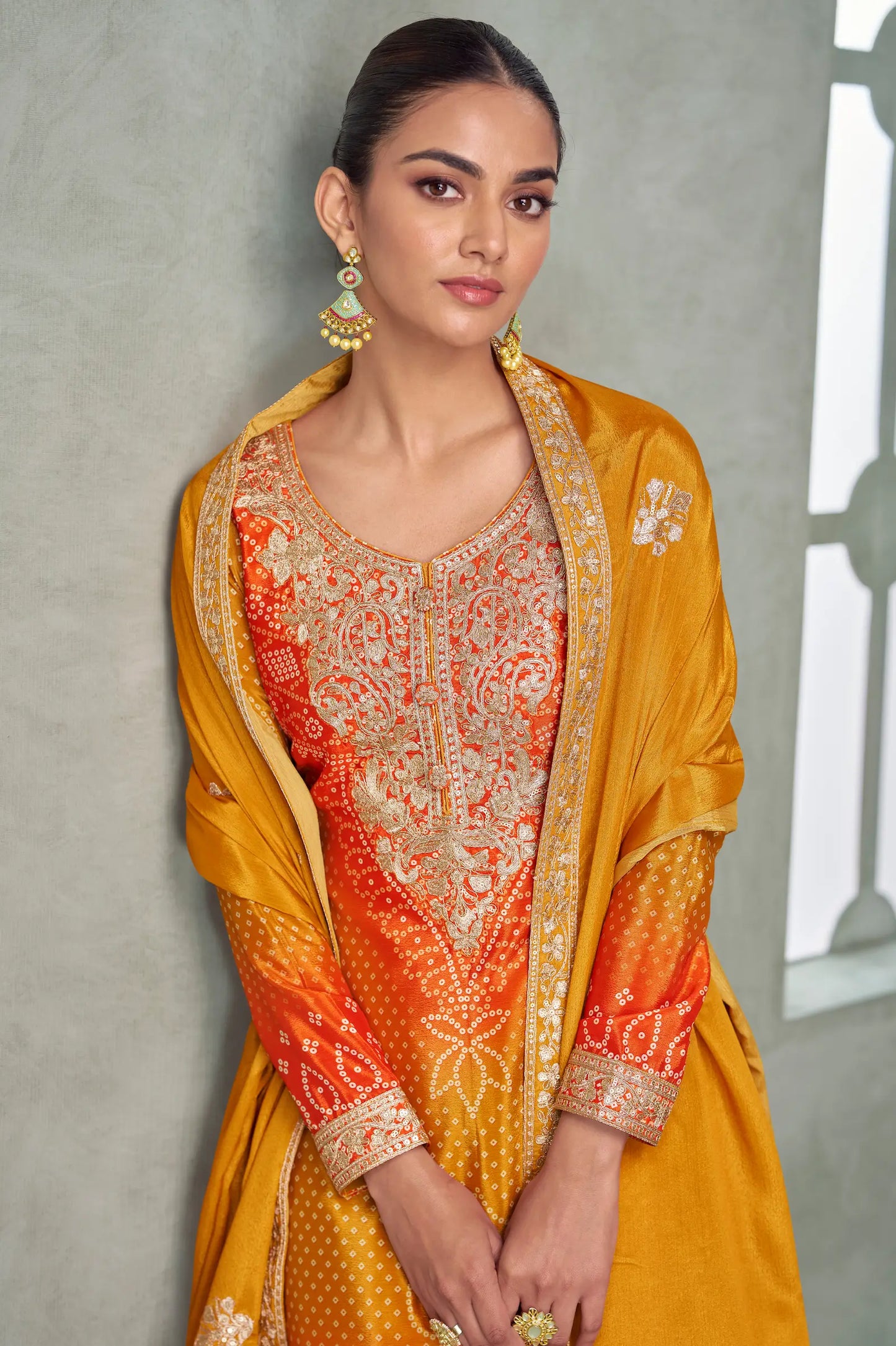 Turmeric Yellow Chinon Silk Embroidery Palazzo Suit