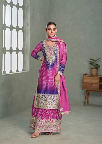 Royal Fuchsia Chinon Silk Embroidery Palazzo Suit