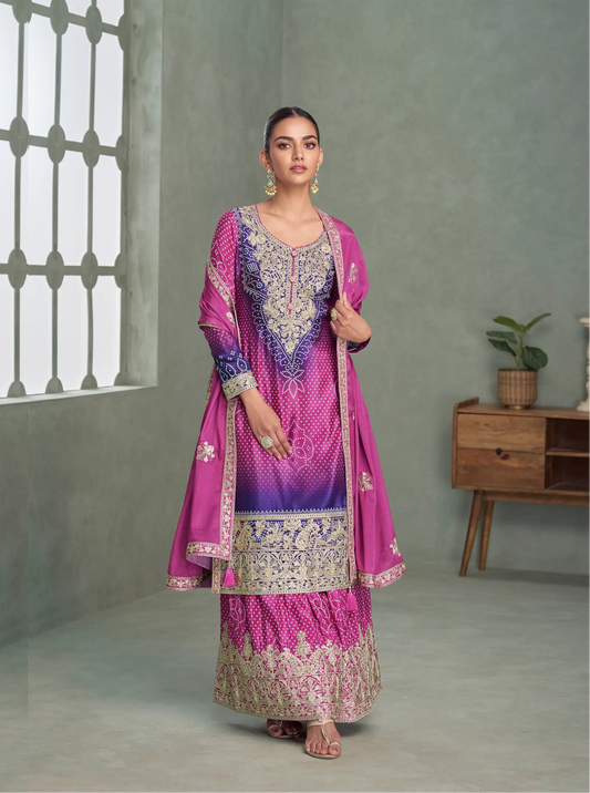 Royal Fuchsia Chinon Silk Embroidery Palazzo Suit