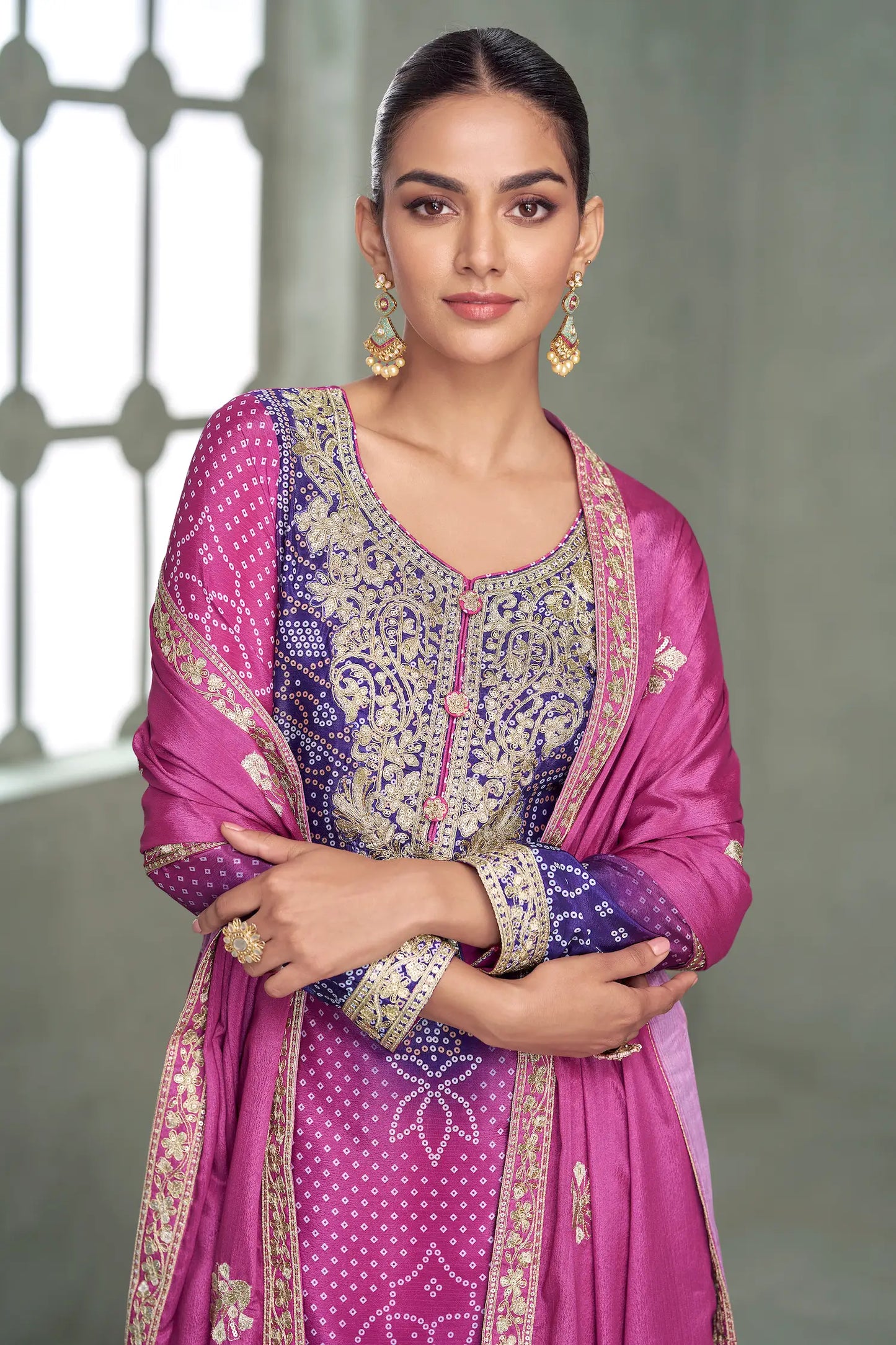 Royal Fuchsia Chinon Silk Embroidery Palazzo Suit