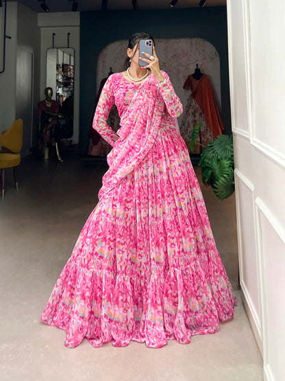 Light Pink Goergette Floral Printed Lehenga Choli