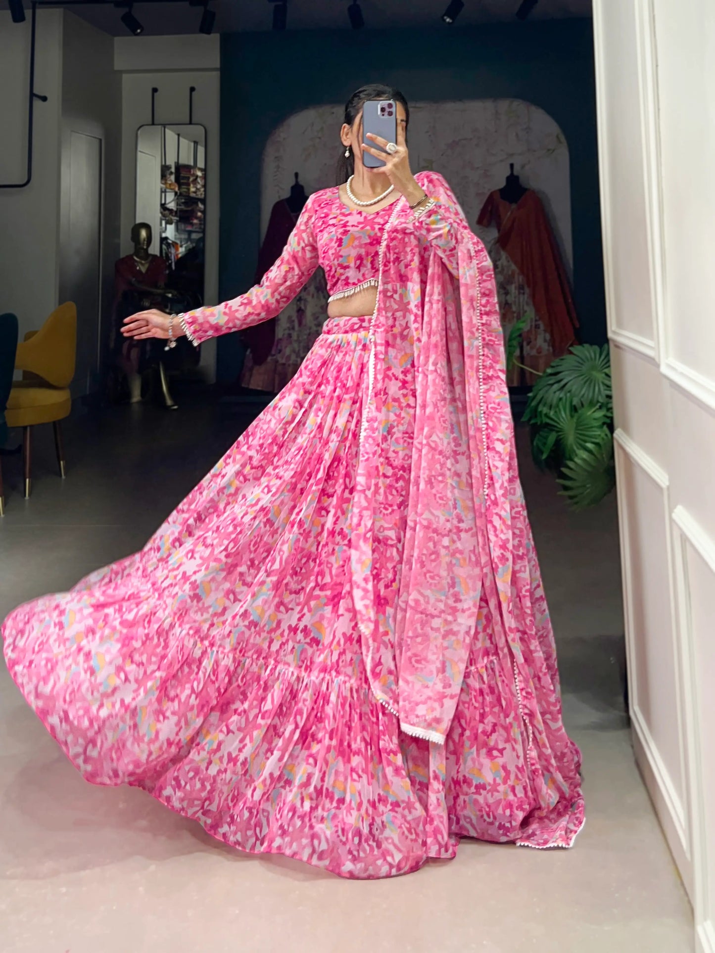 Light Pink Goergette Floral Printed Lehenga Choli