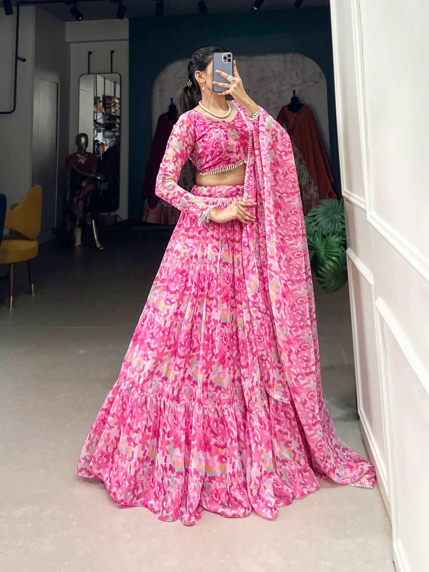 Light Pink Goergette Floral Printed Lehenga Choli