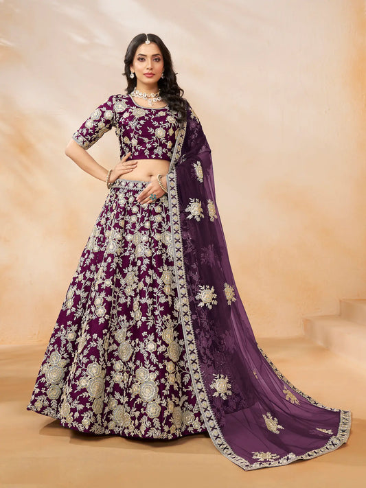 Wine art silk lehenga choli with thread and sequence embroidery work full view