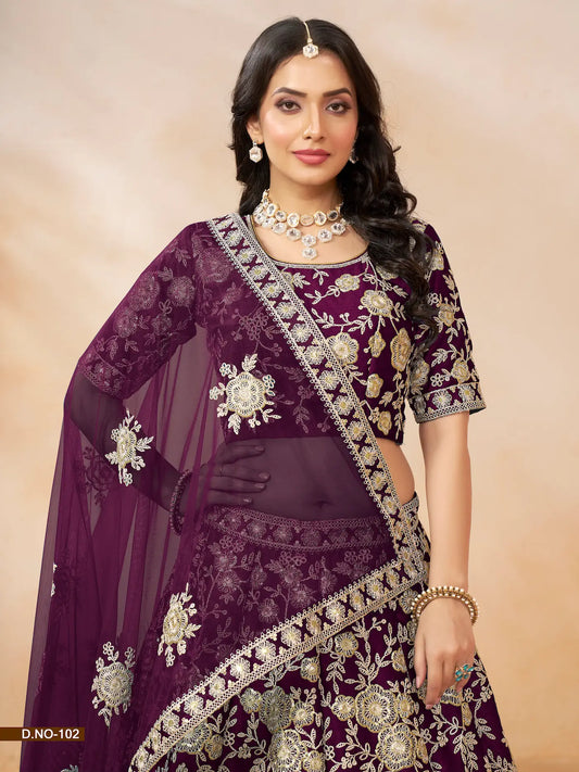 Half view of wine art silk lehenga choli showing embroidered blouse detailing