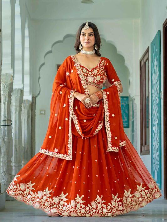 Rust Embroidered Georgette Lehenga Choli