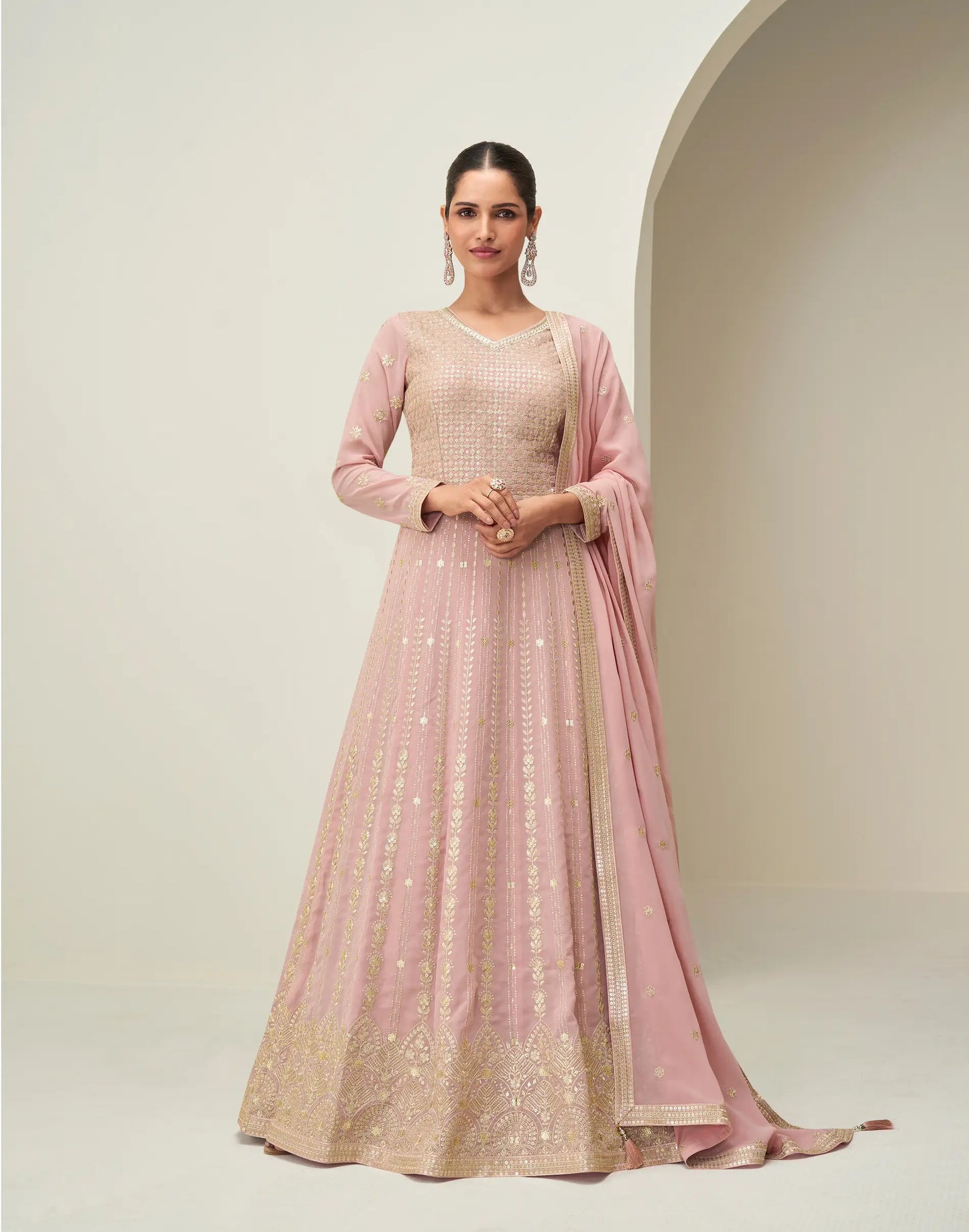 Light Pink Georgette Embroidery Work Gown