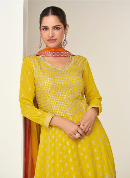 Bee Yellow Georgette Embroidery Work Gown