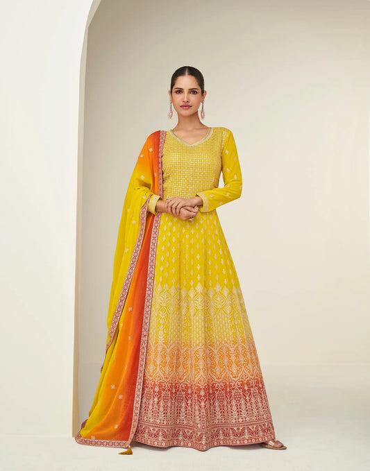 Bee Yellow Georgette Embroidery Work Gown