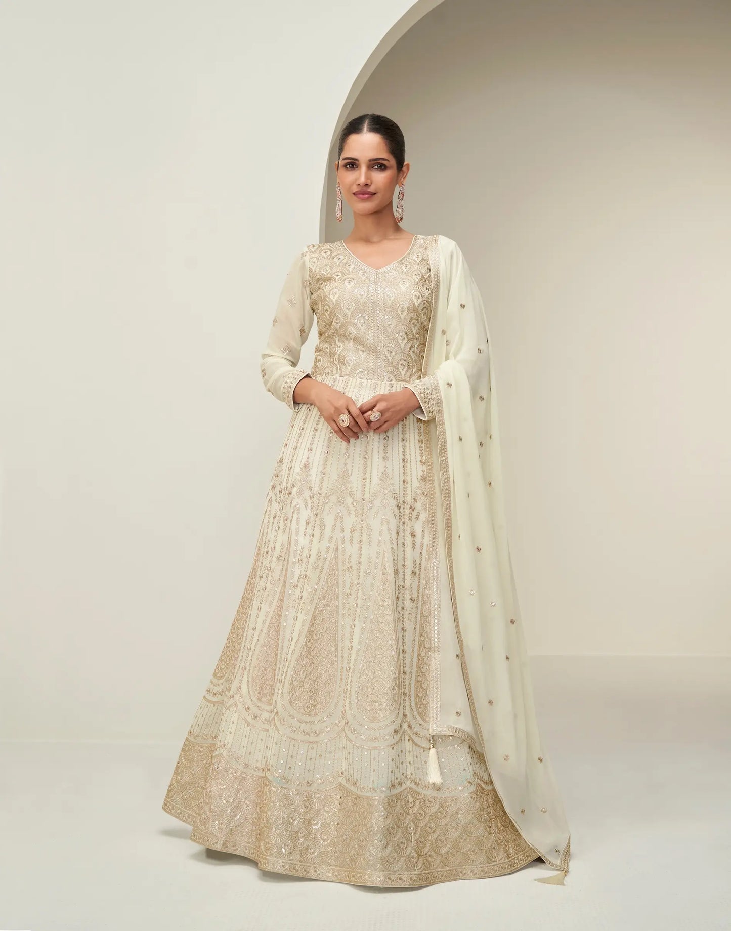 Off White Georgette Embroidery Work Gown
