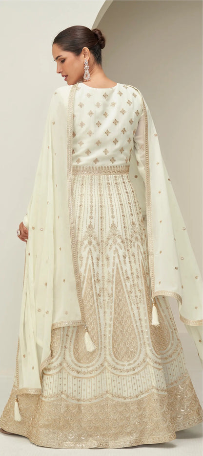 Off White Georgette Embroidery Work Gown