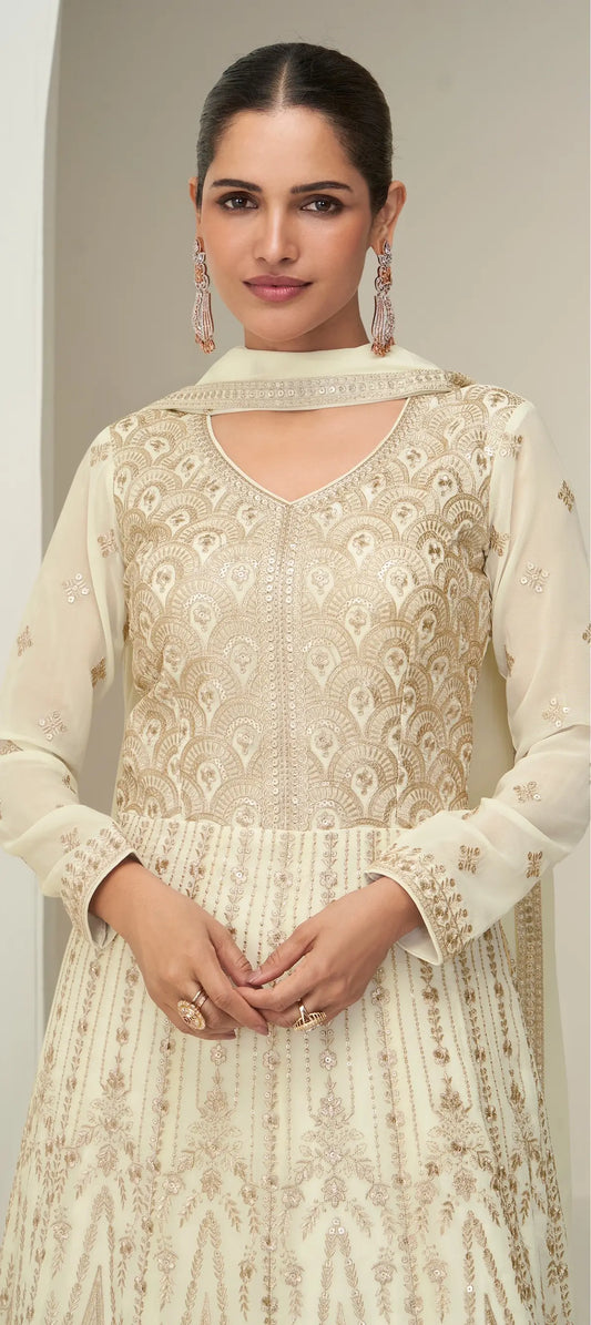 Off White Georgette Embroidery Work Gown