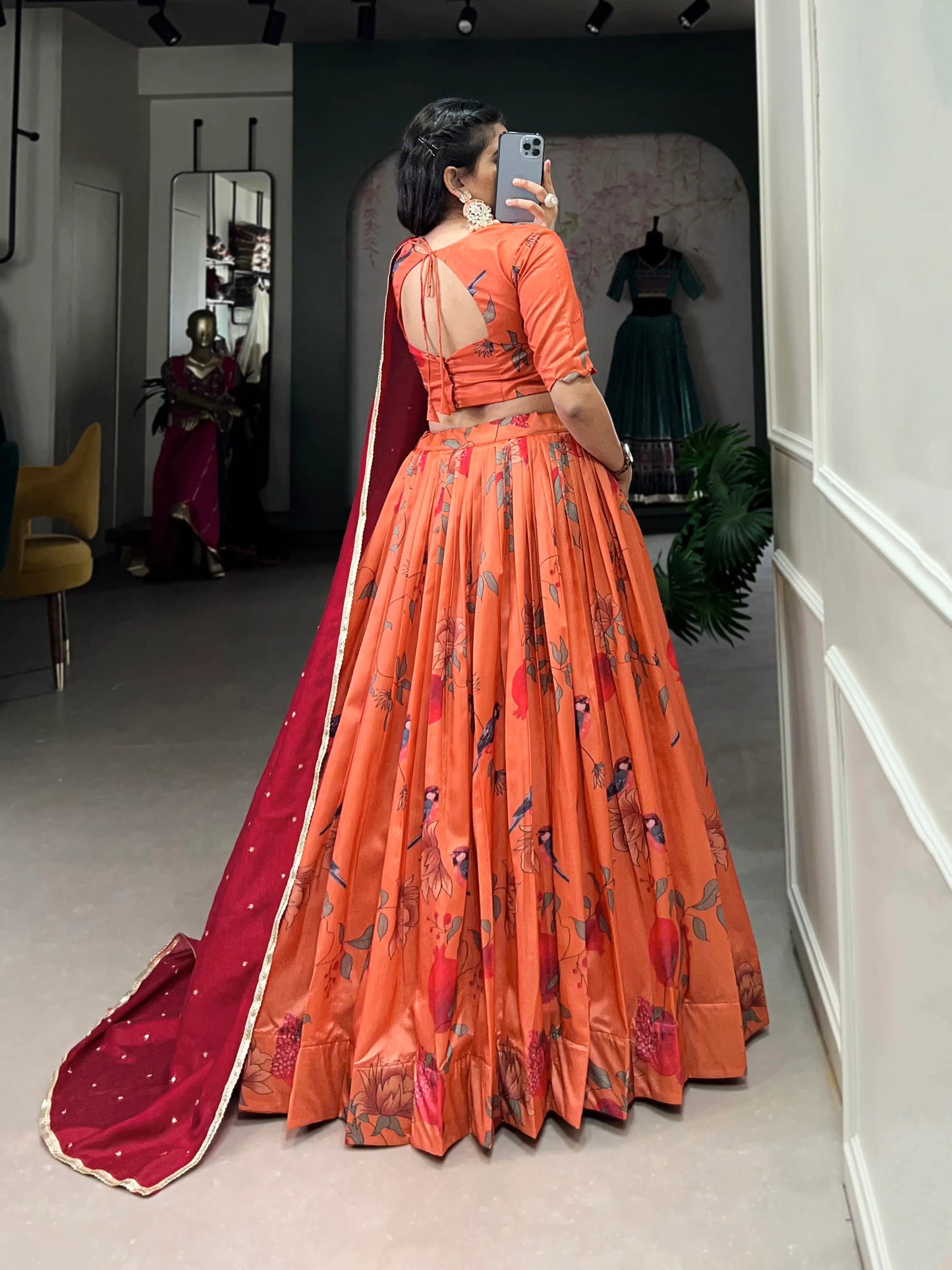 Peach Floral Printed Tussar Silk Lehenga Choli