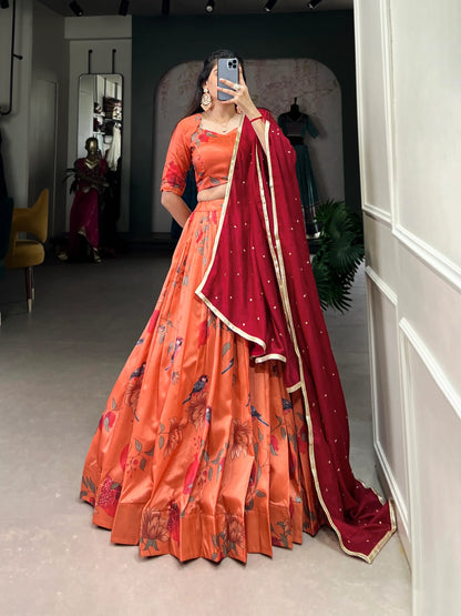 Peach Floral Printed Tussar Silk Lehenga Choli