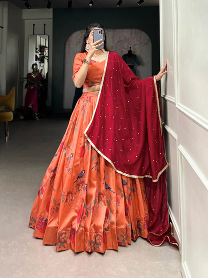 Peach Floral Printed Tussar Silk Lehenga Choli