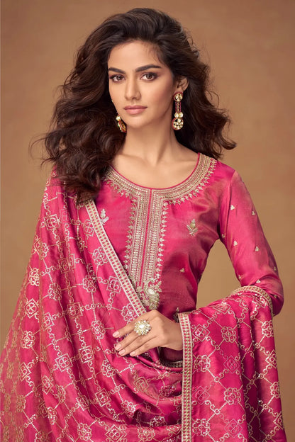 Rani Pink Shimmer Silk Embroidery Work Palazzo Suit