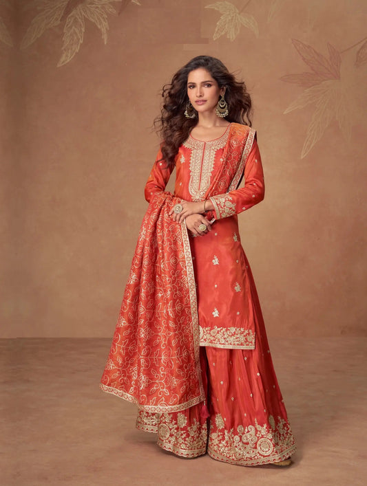 Orange Shimmer Silk Embroidery Work Palazzo Suit