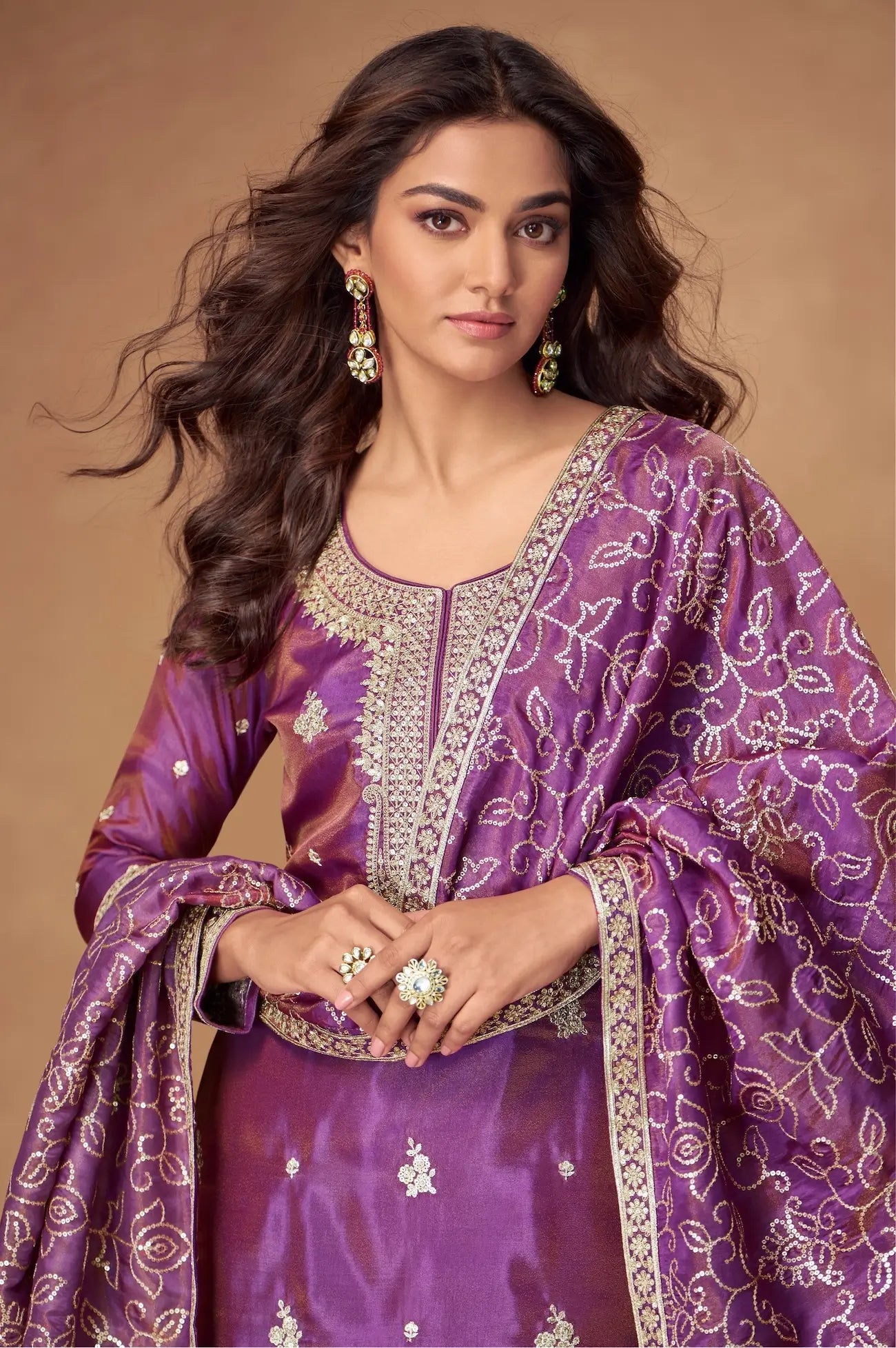 Plum Purple Shimmer Silk Embroidery Work Palazzo Suit