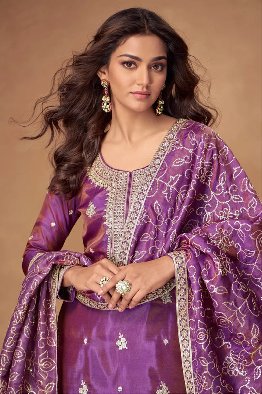 Plum Purple Shimmer Silk Embroidery Work Palazzo Suit