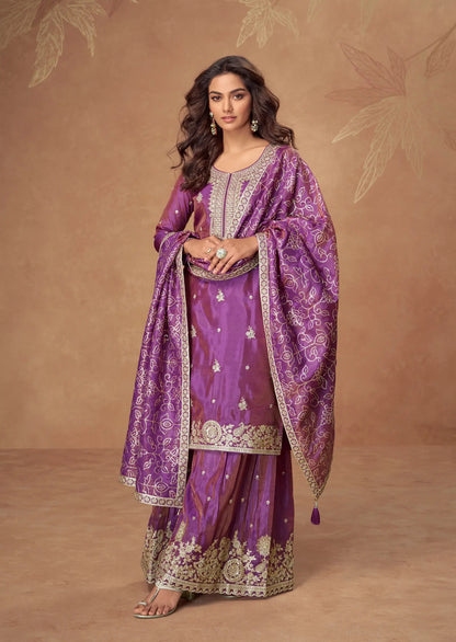 Plum Purple Shimmer Silk Embroidery Work Palazzo Suit