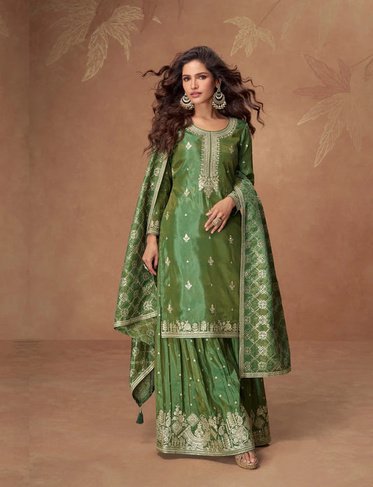 Hazel Green Shimmer Silk Embroidery Work Palazzo Suit