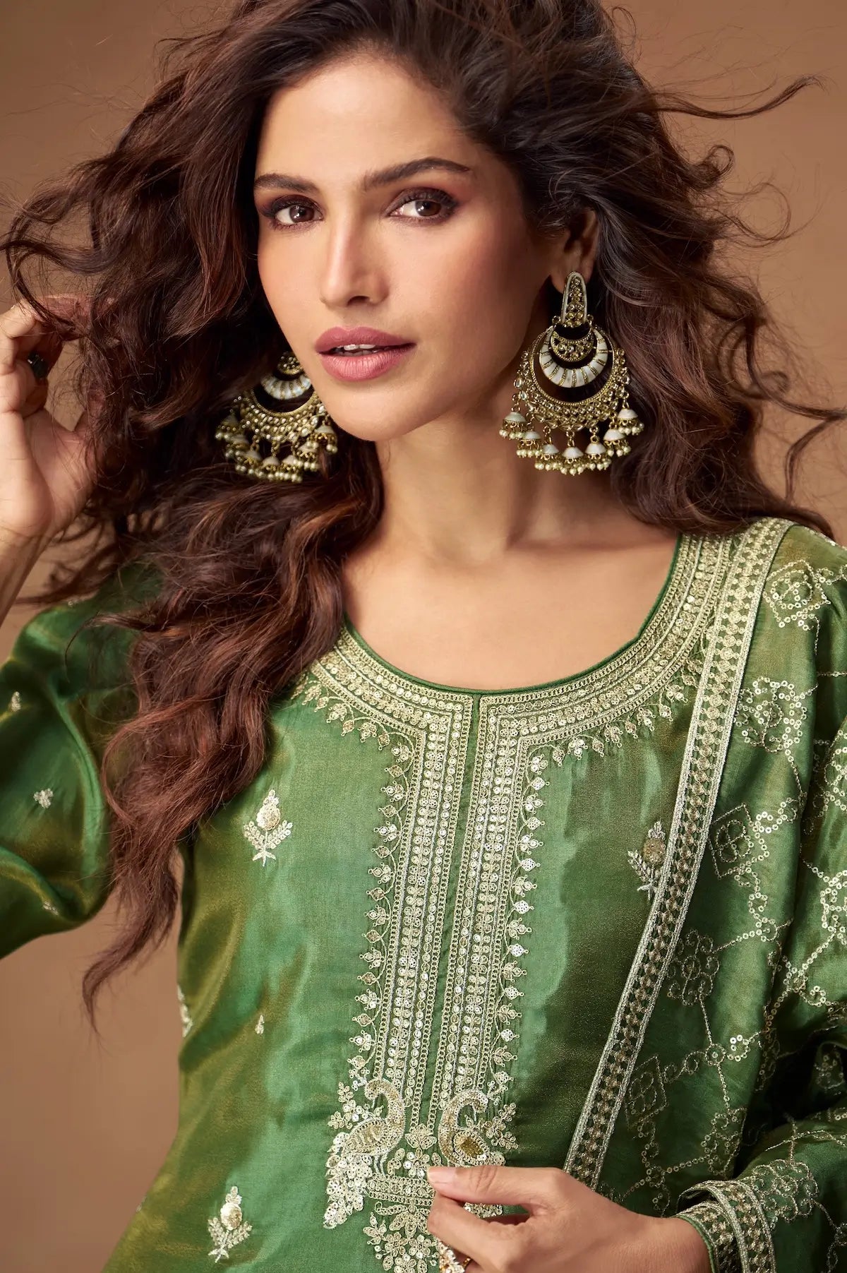 Hazel Green Shimmer Silk Embroidery Work Palazzo Suit