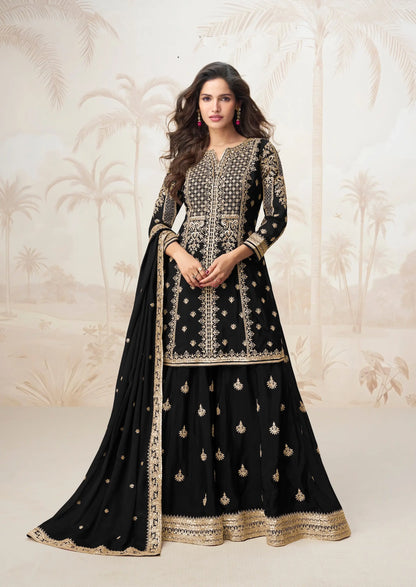 Black Chinon Silk Embroidery Work Salwar Suit