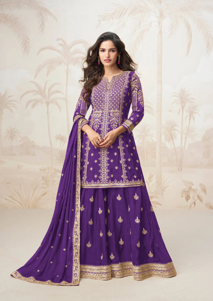 Purple Chinon Silk Embroidery Work Salwar Suit