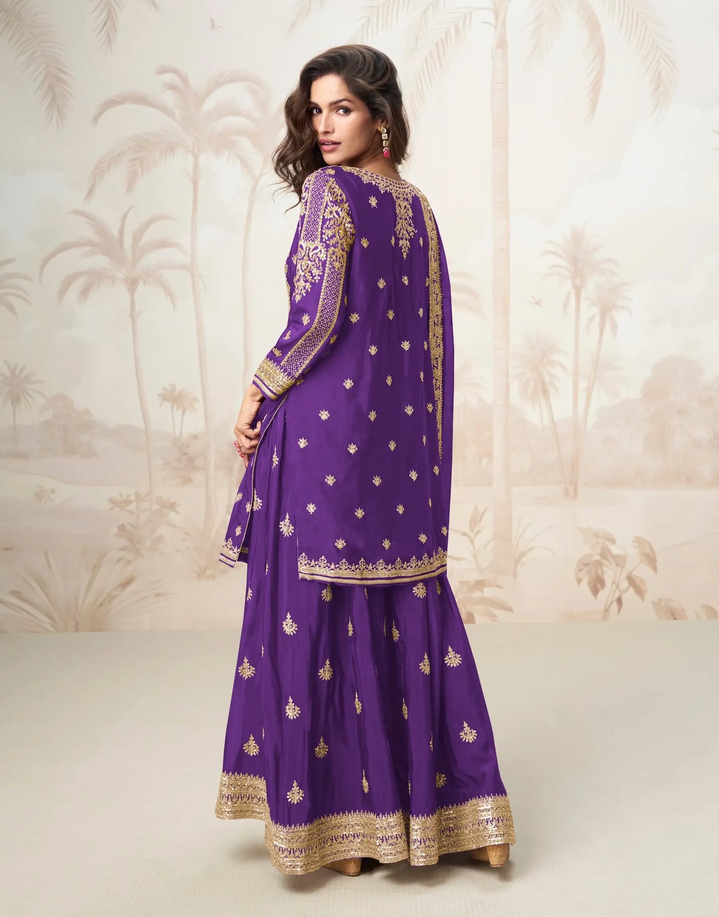 Purple Chinon Silk Embroidery Work Salwar Suit