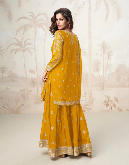 Golden Yellow Chinon Silk Embroidery Work Salwar Suit