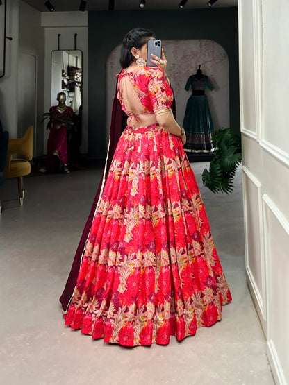 Red Tussar silk Floral Printed Lehenga Choli