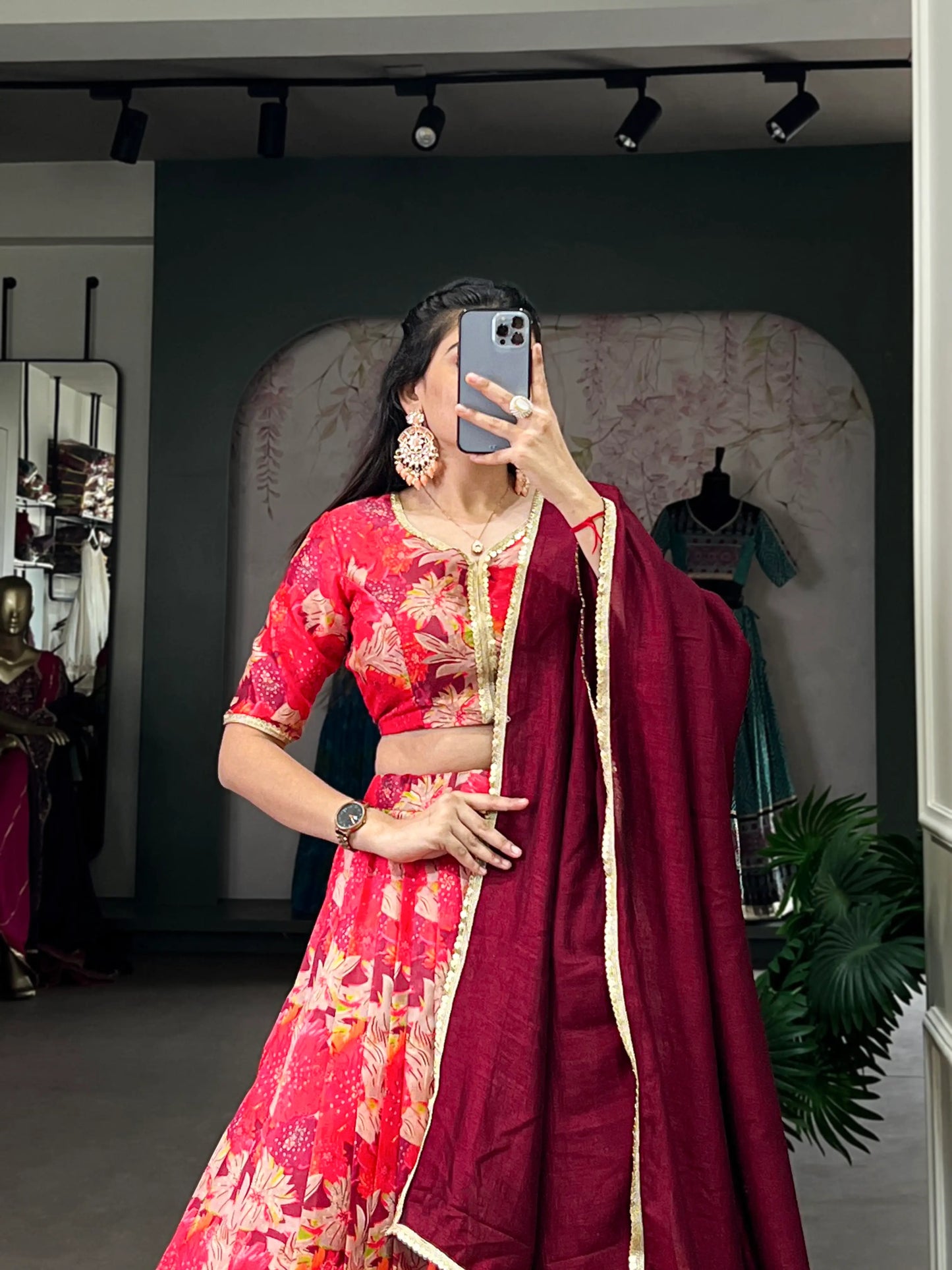 Red Tussar silk Floral Printed Lehenga Choli