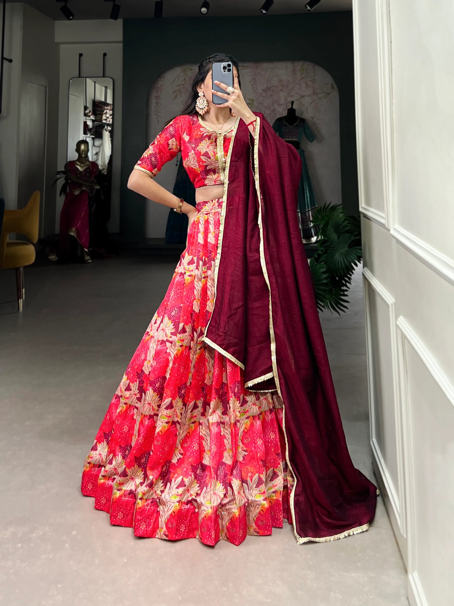 Red Tussar silk Floral Printed Lehenga Choli