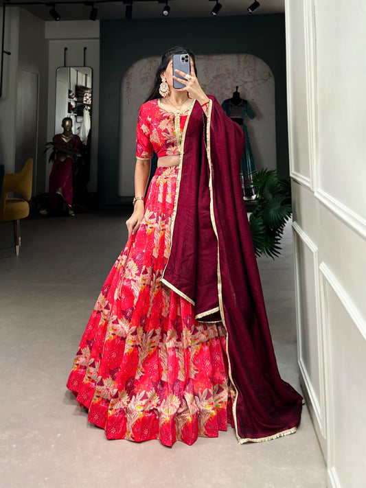 Red Tussar silk Floral Printed Lehenga Choli