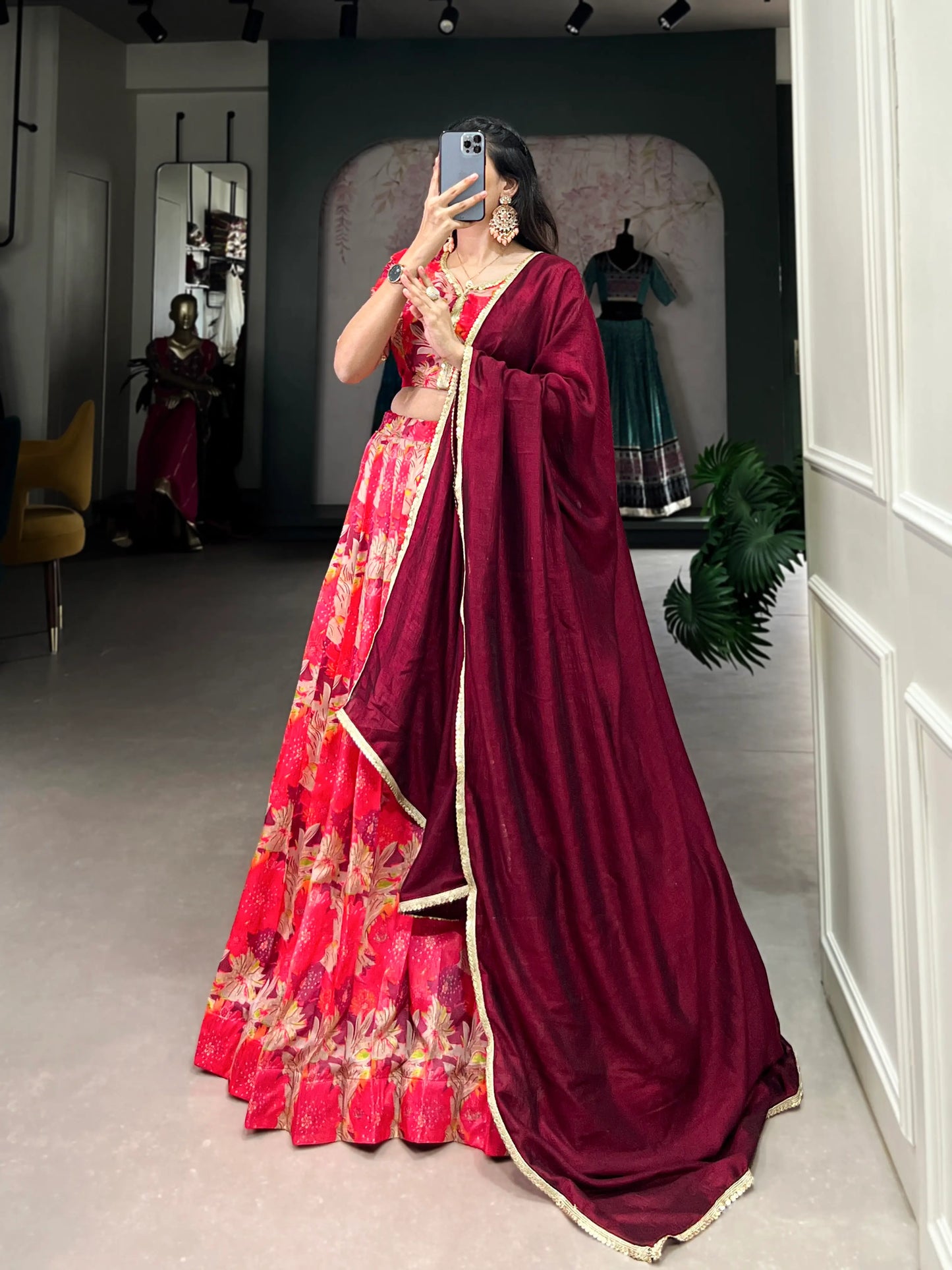 Red Tussar silk Floral Printed Lehenga Choli