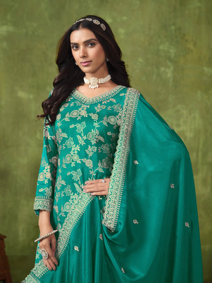 Teal Green Dola Silk Palazzo Suit with Zari Weaving, Thread & Sequins Embroidery Work
