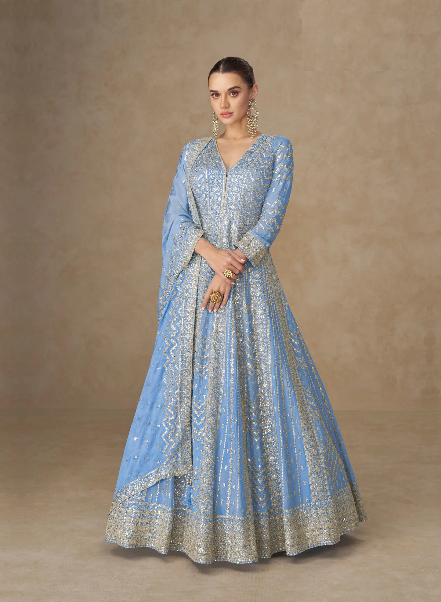 Pastel Blue Chinon Silk Embroidery Gown