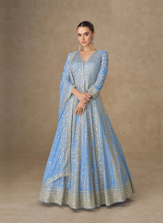 Pastel Blue Chinon Silk Embroidery Gown