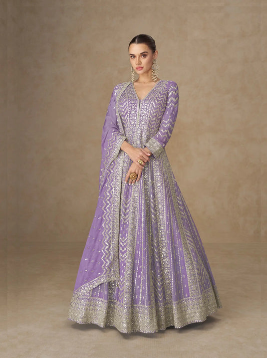 Dark Lilac Chinon Silk Embroidery Gown