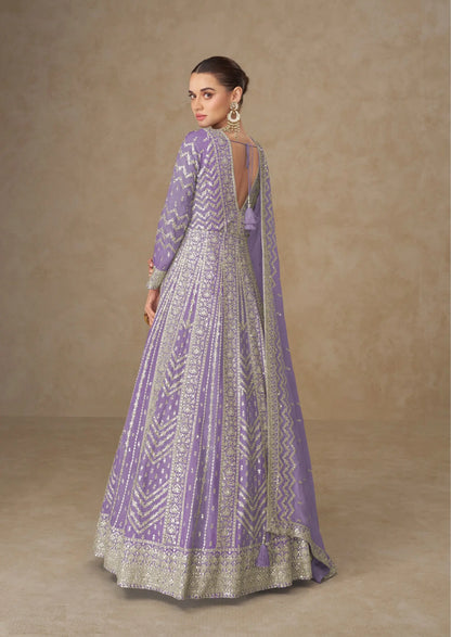 Dark Lilac Chinon Silk Embroidery Gown