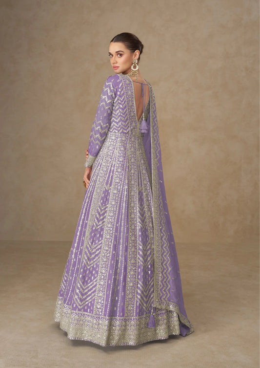 Dark Lilac Chinon Silk Embroidery Gown