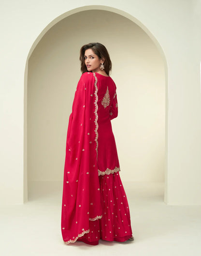 Red Chinon Silk Palazzo Suit With Embroidery Work