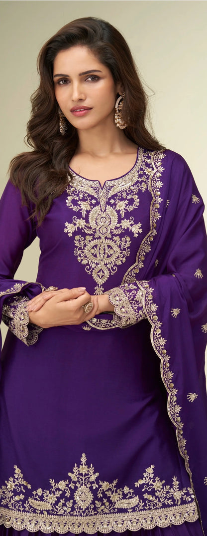Purple Chinon Silk Palazzo Suit With Embroidery Work