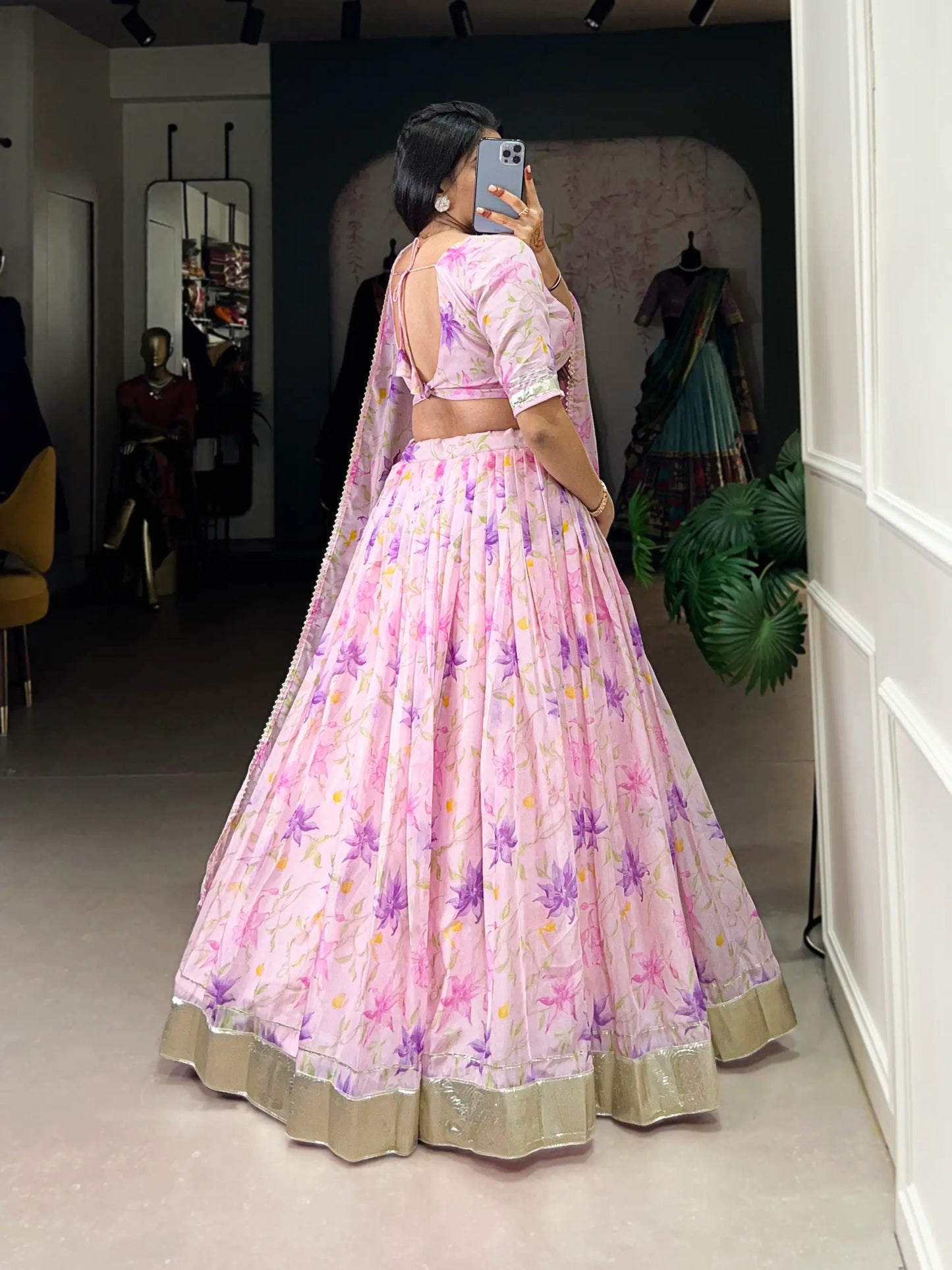 Baby Pink Tabby Silk Floral Printed Lehenga Choli