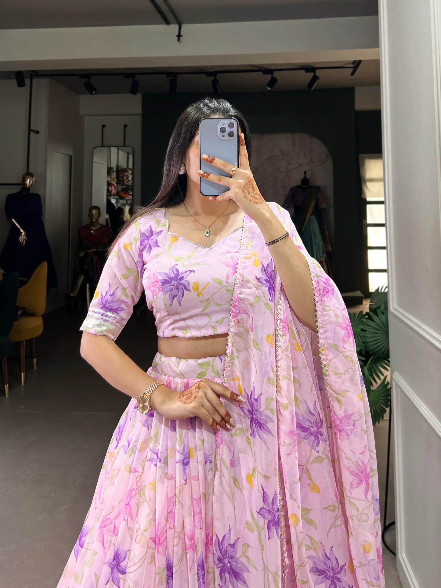 Baby Pink Tabby Silk Floral Printed Lehenga Choli