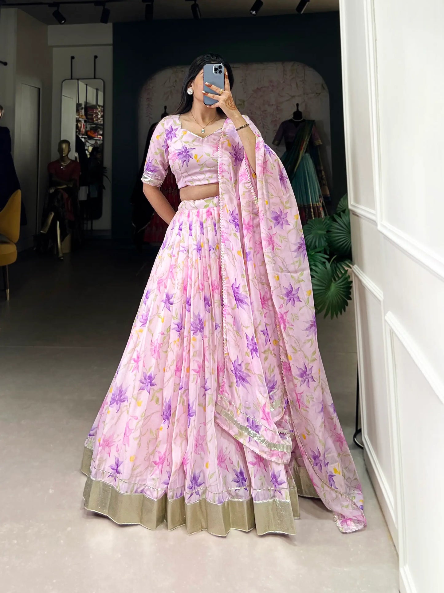 Baby Pink Tabby Silk Floral Printed Lehenga Choli