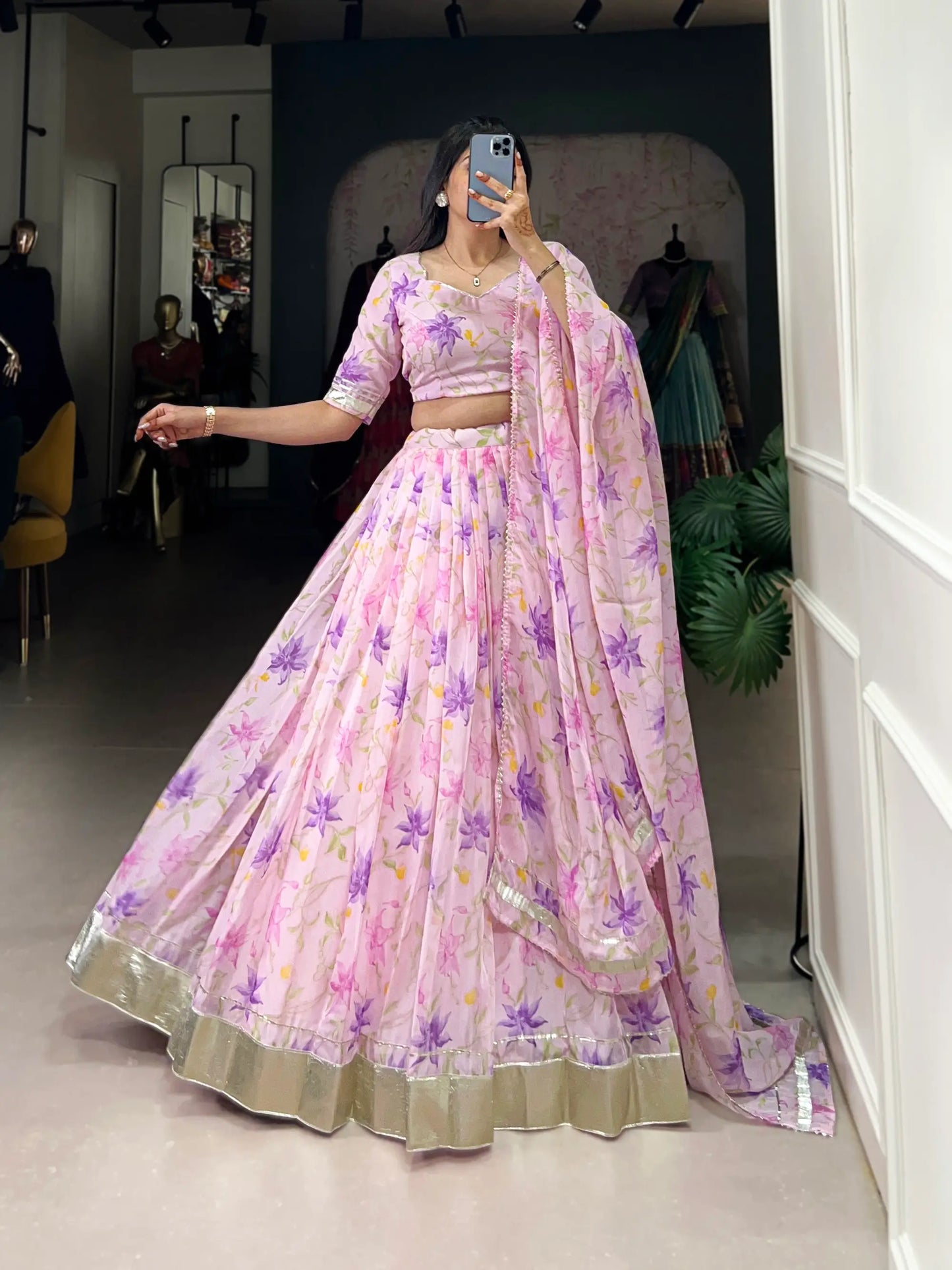 Baby Pink Tabby Silk Floral Printed Lehenga Choli