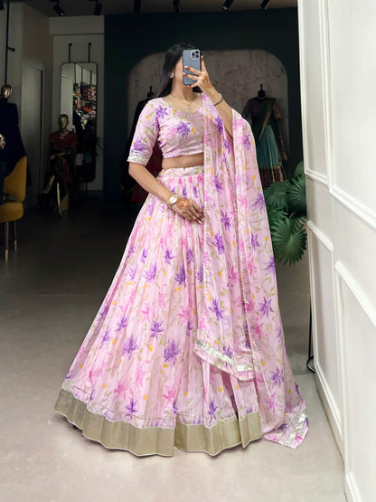 Baby Pink Tabby Silk Floral Printed Lehenga Choli